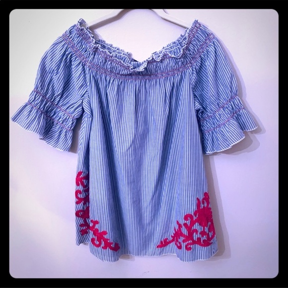 crown & ivy Tops - Crown and Ivy Blue Striped Off the Shoulder Top